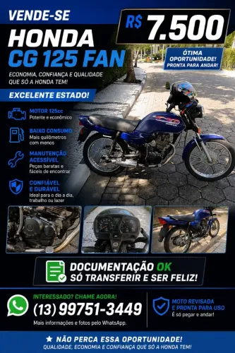 Honda CG 125 Fan - Documentação OK - R$ 7.500<br>Informações adicionais: