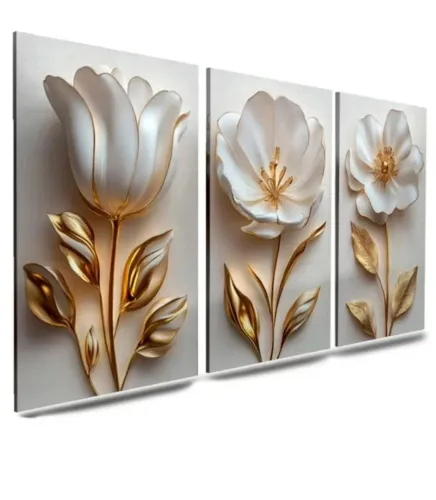 QUADROS FLORES BRANCA DOURADO - SALA QUARTO