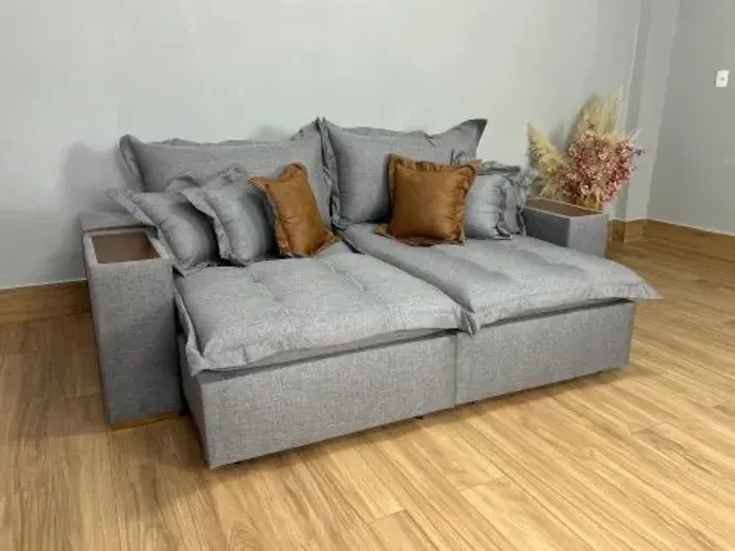 Sofá Cama Retrátil Reclinável Marine 2,90m - Cinza Linho/ Marrom Courino