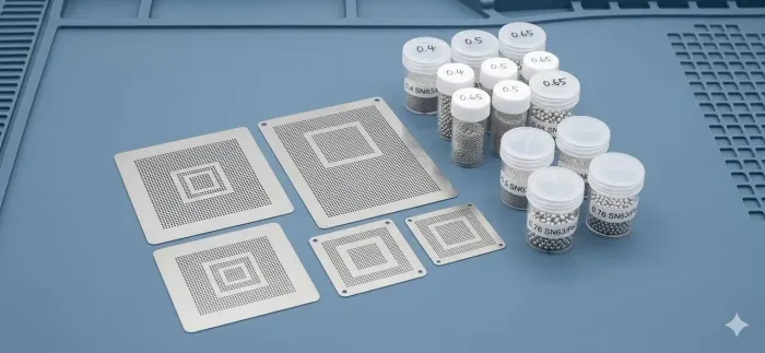 ## ? Kit Reballing BGA Profissional - 505 Stencils + Esferas de Solda (Várias Medidas)