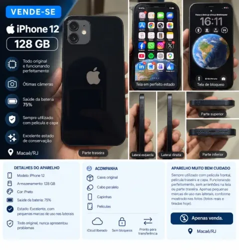 iPhone 12 128GB - Preto - Todo Original