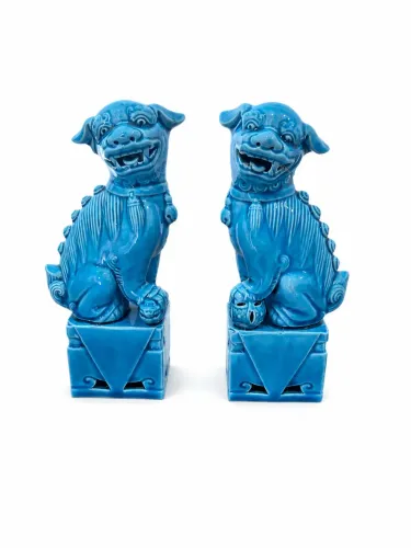 Par de Cães de Fó Azul em Cerâmica Decorativa Oriental