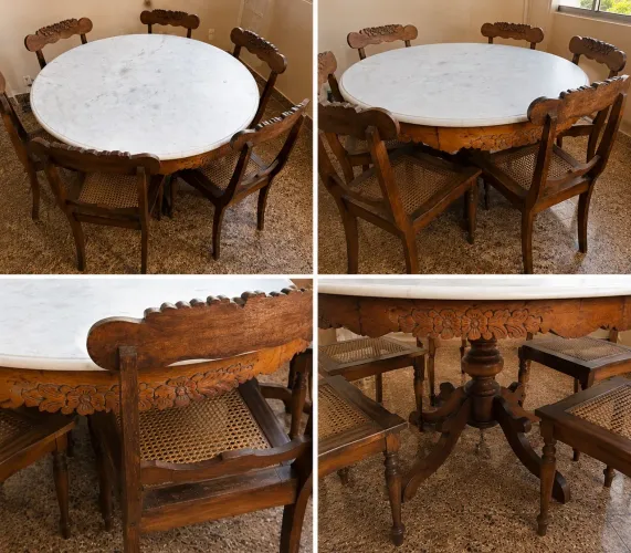 Mesa de Jacarandá com Tampo de Mármore + 06 cadeiras