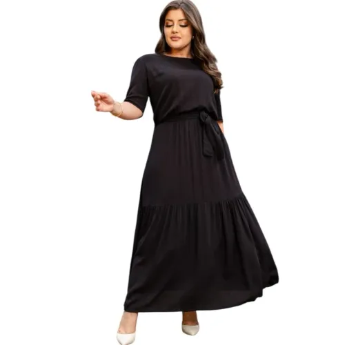Vestido longo preto liso novo de Viscolinho com faixa