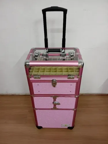 Mala Maquiagem Profissional ABS 3 em 1 Rosa Cristal 