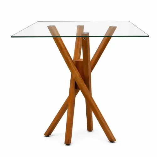 Mesa de Jantar com Base em Madeira Maciça + Tampo de Vidro 90x90 cm