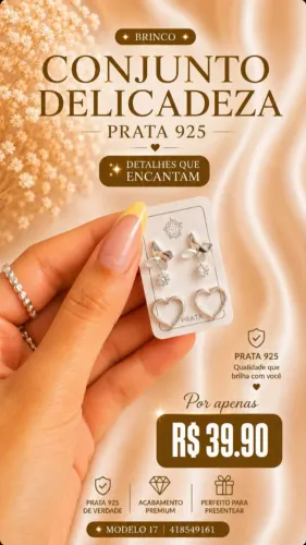 Trio de Brincos Conjunto Delicadeza Prata 925