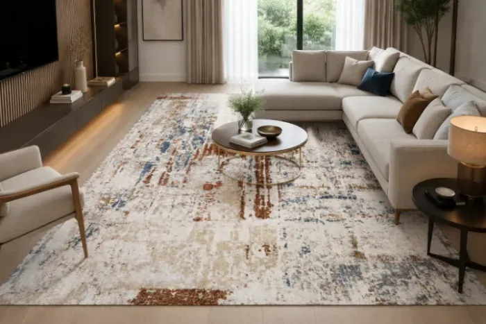 Tapete Decorativo Abstrato Off White com Azul e Terracota 240x300