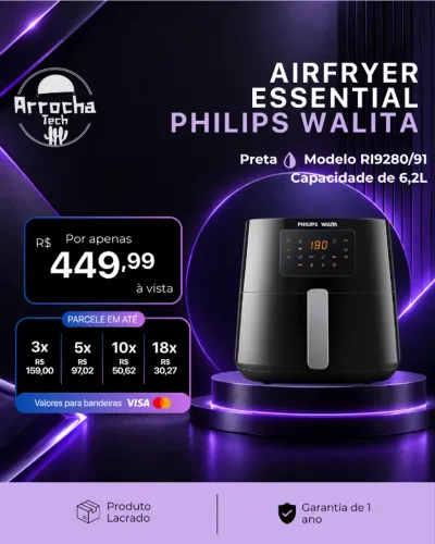 Airfryer Philips Walita Preta Fritadeira Essential XL Digital, 6.2L 