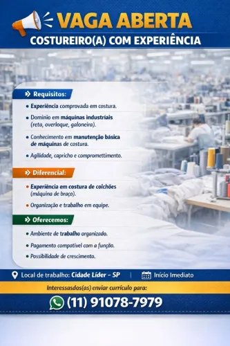 VAGA PARA COSTUREIRO (A) 