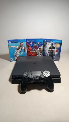 PS4 Slim 500GB Completo na Caixa + Controle Original + 3 Jogos