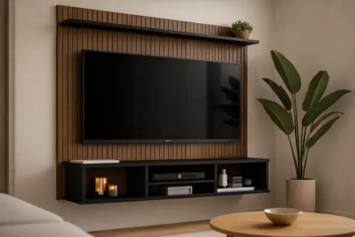 Painel Ripado 3D Preto para TV até 50" com Nichos e Prateleira