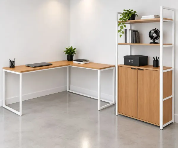 Mesa em L e estante para escritório