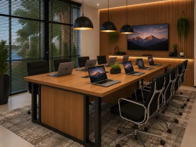 Mesa de Escritório Reunião , Em Madeira Maciça com MDF: L360cm x L120cm x A74cm.