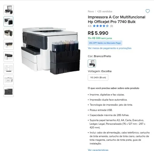 Impressora HP Officejet Pro 7740 com Bulk