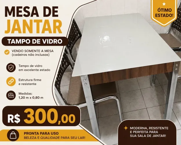 Mesa de Jantar com Tampo de Vidro 120cm por 80cm