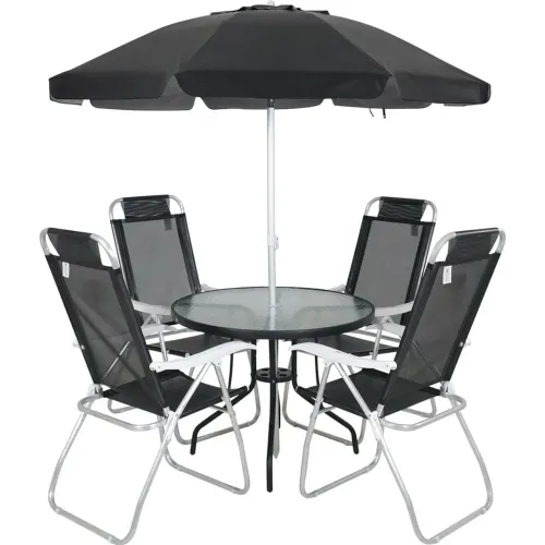 Conjunto Noronha 4 Cadeiras em Aluminio + Mesa + G-sol Preto Bel
