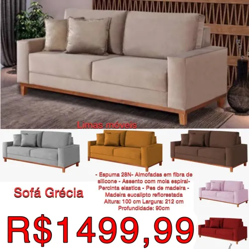 Sofá grecia linho 2.12m várias cores / molas espirais espumas d28 / frete grátis