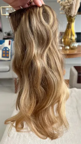 Duas faixas mega hair loiro, cabelo natural, 45cm.