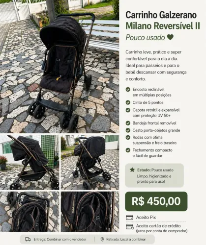 Carrinho de Bebê Galzerano Milano Reversível II- Preto