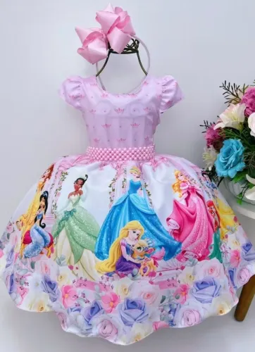 Lindo vestido infantil estampado com as Princesas Disney!