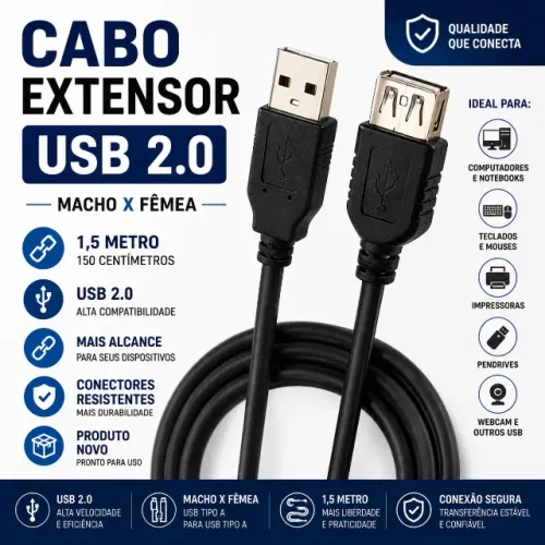 Cabo extensor USB 2,0 (macho × fêmea) de 1,5 metro (150 centímetros) um metro e 1/2 de fio