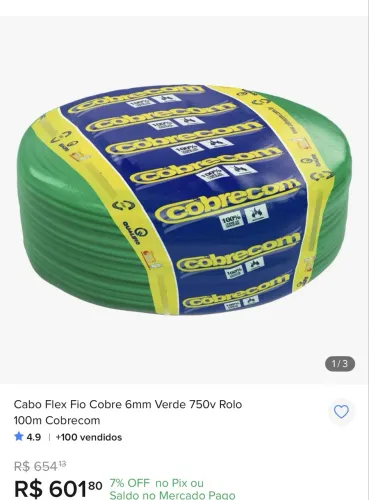 Promoção fio cobrecom. Verde 6 mm