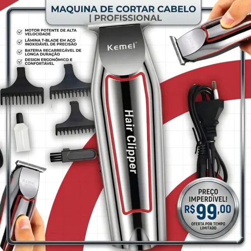 Máquina Kemei de Acabamento Cortar Cabelo Barba e Pêlos (Original e Lacrado)