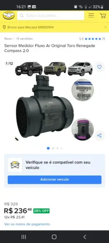 Sensor de fluxo de ar fiat torro