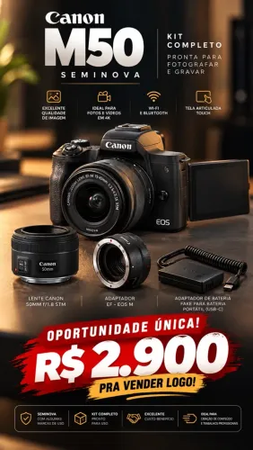 Canon M50 + Lente 50mm + Adaptador + USB-C | Kit Completo