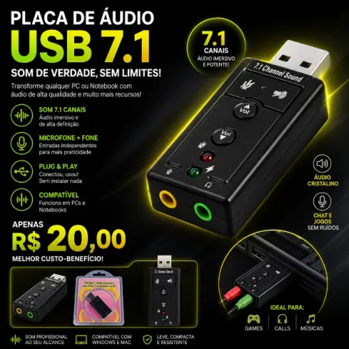 Placa de Som Externa USB (PC ou NOTEBOOK)