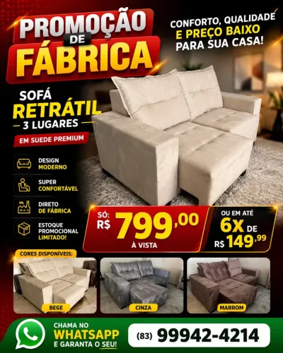 Sofá Retrátil 3 Lugares sleep no Suede