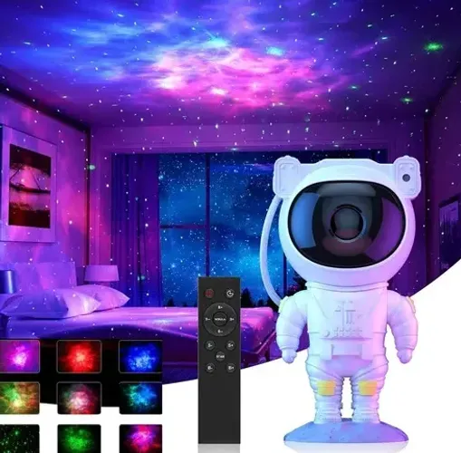 Luminária Projetor Noturno Robô Astronauta Bluetooth Som Branco 127/220vLuminária Projetor