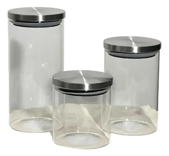 Conjunto 3 Potes Herméticos de Cozinha em Vidro e Tampa Inox - 700ml, 1L e 1,35L - NOVO