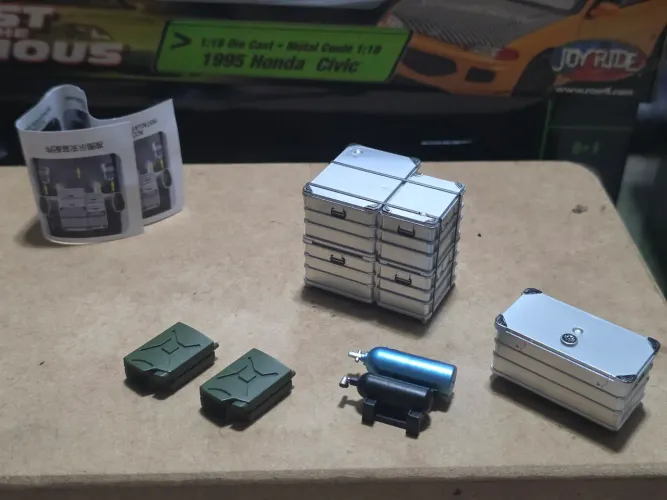 Miniatura 1:18 diorama carro rally galão caixa ferramentas cilindros