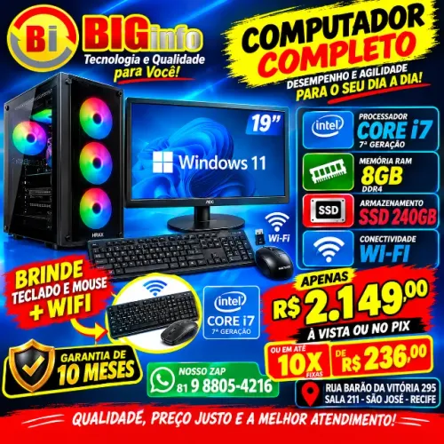 Computador Completo I7, 7º Geraçao 8gb, Ssd 240gb, Monitor 19, Wifi - Em ate 10x Fixas