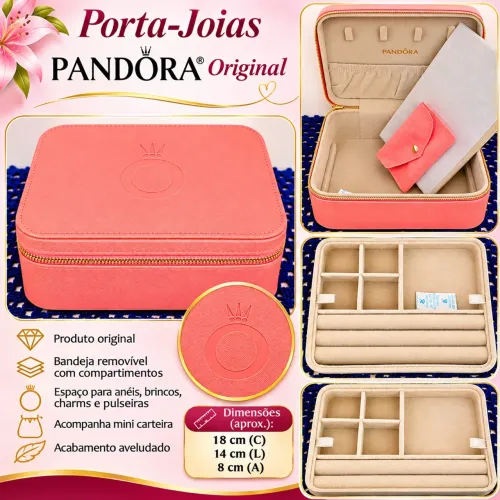 PORTA-JOIAS PANDORA ORIGINAL ROSA CORAL COM BANDEJA REMOVÍVEL E MINI CARTEIRA