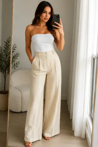 Calça Pantalona Feminina Bege Linho Tam. G | Perfeito Estado - Nunca usada