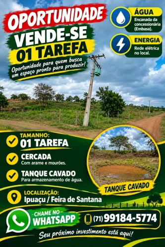 01 TAREFA DE TERRA EM IPUAÇU - 14KM DE FEIRA - ENERGIA NA PORTA - MINI SÍTIO