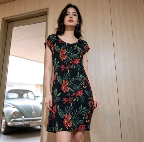 vestido feminino estampado com folhagens , na cor preta <br>
