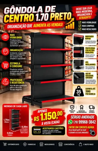Gôndola Prateleira de Centro Preta - Pronta Entrega