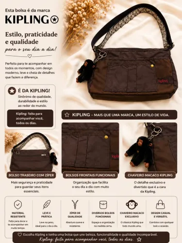 Bolsa Kipling Original Marrom | Prática, Leve e Espaçosa
