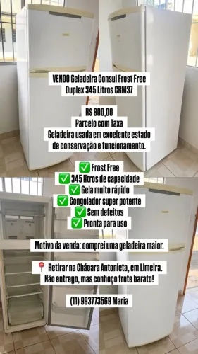 Vendo Geladeira Consul Frost Free Duplex 345 Litros modelo CRM37