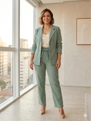 Conjunto tam G Verde Claro calça e blazer Maria Poá