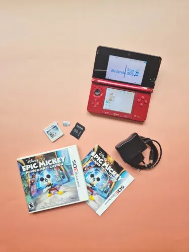 Nintendo 3DS Vermelho 16Gb Lotado de Jogos + Jogo Disney Epic Mickey