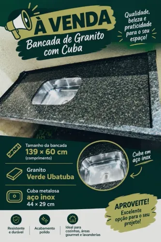 Pia de Granito<br>Cuba 44×29<br>Cuba metalosa, aço inox