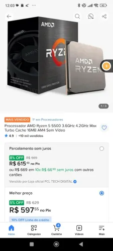 Vendo Ryzen 5 5500+ gabinete Gamer Rise+ duas fans por 500 reais.
