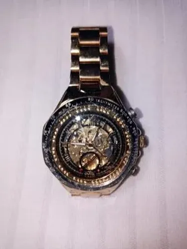 relógio de pulso esqueleto automático a corda Winner dourado com pulseira de aço inoxidáve