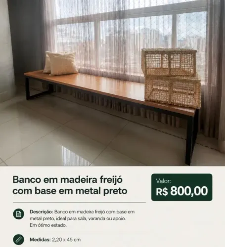 Banco em madeira freijó com base em metal preto