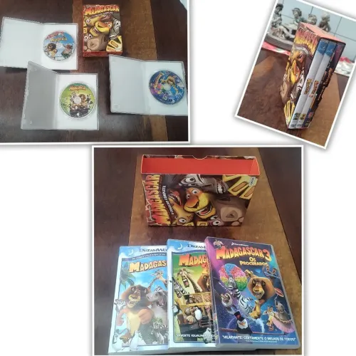 DVDs da trilogia completa de filmes Madagascar da DreamWorks Animation.